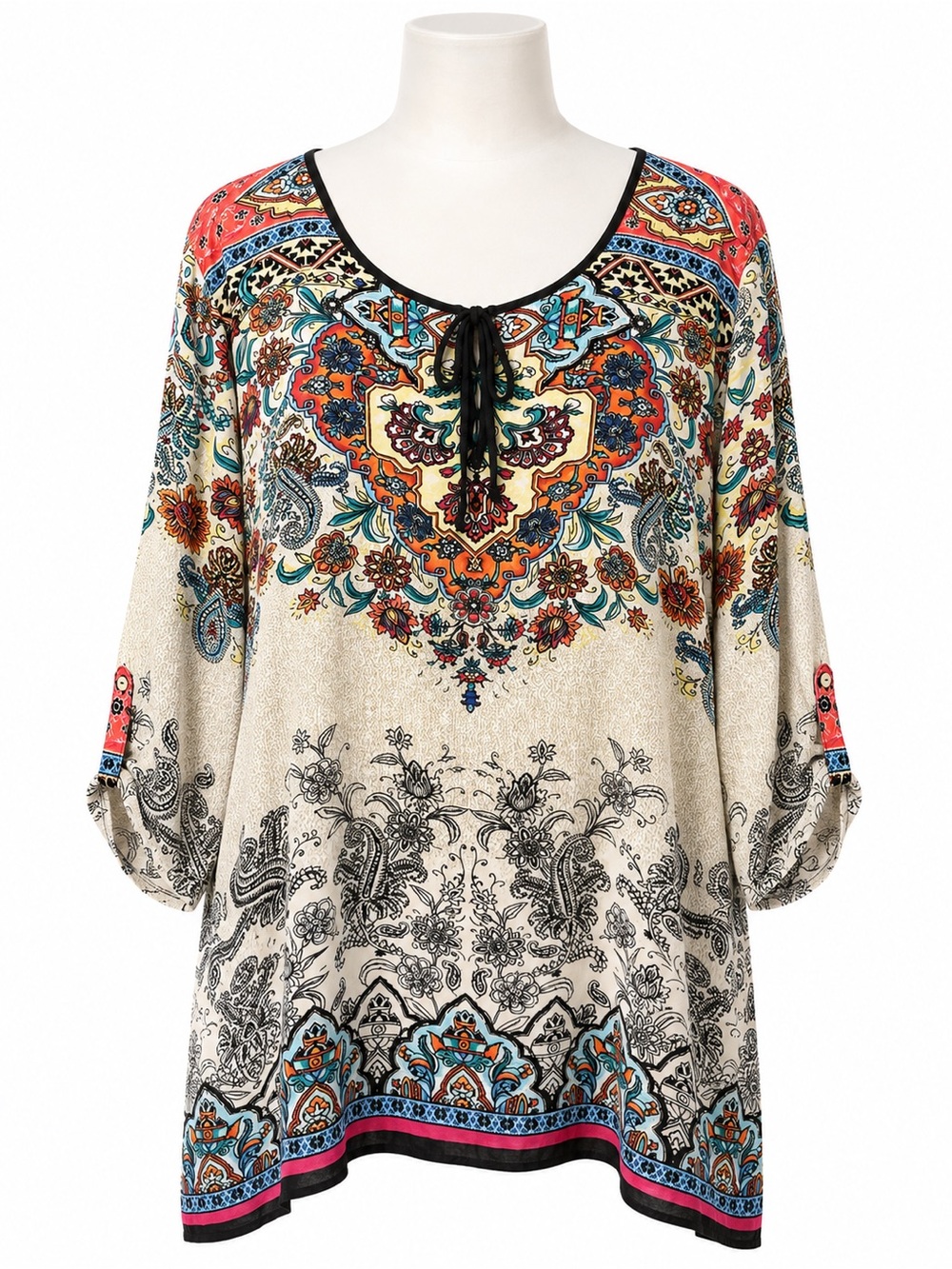 Dressbarn Woman 2X Paisley Floral Lace-Up 3/4 Sleeve Tunic Top